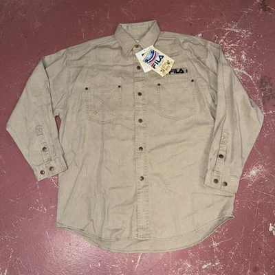 New Tags Vintage 90s Fila Canvas Button Up Shirt M Rare Rap Hip Hop Beige - Image 1 of 4