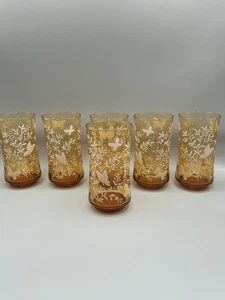 Vintage Libbey Trinkgläser Bernstein Schmetterling Blumen 10oz. 6er Set - Bild 1 von 7