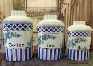 Charming 🔵⚪ Ceramic Canisters French Country Kitchen Storage COFFEE TEA SUGAR - Picture 1 of 8