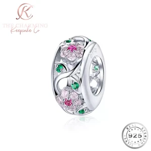 Blume Zwischenring Charm echt 925 Sterling Silber rosa Kristalle - Bild 1 von 5