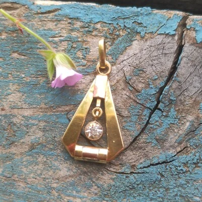 Pendentif Ancien Vintage Style Art Déco /Plaqué Or Poinçonné Serti D'un Strass  - Photo 1/4