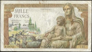 Frankreich - Banknote von 1000 Francs Demeter 18.11.1943 sehr gut F.40.40 - Bild 1 von 2