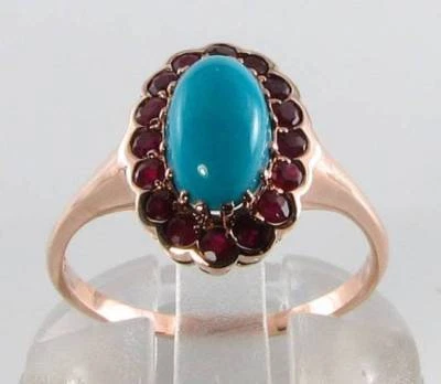 9K ROSE GOLD PERSIAN TURQUOIS RUBY HALO CLUSTER ART DECO INS RING FREE SIZE - Image 1 of 4