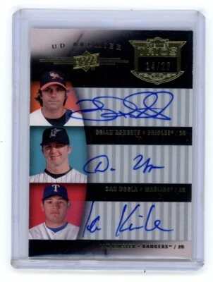 2008 UD Premier Trios Brian Roberts Dan Uggla Ian Kinsler Triple Auto /20 Rare - Image 1 of 2