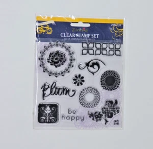 Little Yellow Bicylcle Zinnia 13 Pc Clear Stamp Set ZIN-225 Bloom Flower Happy - Picture 1 of 3