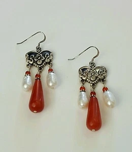 Kunsthandwerk Ohrringe Karneol Tropfen Perlen verziert 925 Silber Handarbeit USA - Bild 1 von 2