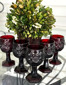Red Ruby Cape Cod 1876 Pattern Stemmed Cordial Glasses by Avon Set of 5 1980's - Picture 1 of 5