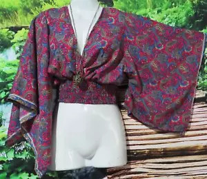BOHO KIMONO SLEEVE ELASTICATED ART SILK BLOUSE TOP BG 10-16 REG 112 CM - Picture 1 of 3