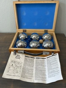 Vintage Chrom Boccia Kugel Set Petanque Boule mit Holz Tragetasche - Bild 1 von 8