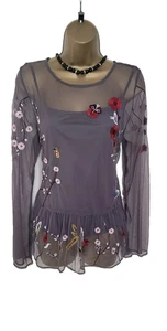 FLORAL EMBROIDERED TUNIC BLOUSE TOP by RED HERRING UK 16 VGC GREY STRETCHY MESH - Picture 1 of 12