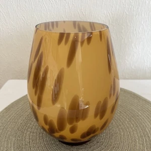Vintage Yellow & Brown Spotted Art Glass Vase 20cm Handblown Retro Style - Picture 1 of 6