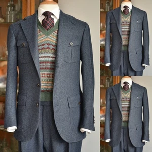 Chaquetas de safari de tweed para hombre cuatro bolsillos ropa al aire libre formal negocios abrigos de caza - Imagen 1 de 15