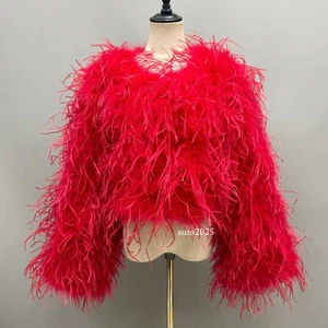 Women Cropped Ostrich Feather Jacket Lady Wide Cuff Fluffy Short Coat Wedding - Picture 1 of 47
