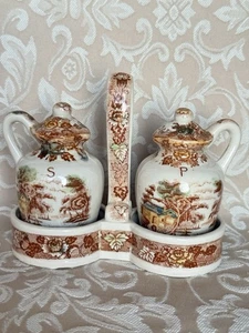 1940's Vintage Nasco Japan Mountain Wood Land Transferware Salt & Pepper Caddy - Bild 1 von 21