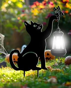 Schwarze Katze Halloween Deko Außen - Solarleuchten Außen Gartendeko Pfahl - Bild 1 von 8