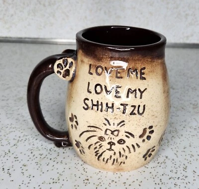 Love Me Love My Shih Tzu Handmade Pottery Coffee Mug By Black Pug Pottery Rare - Image 1 of 4