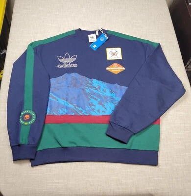ADIDAS Sweatshirt XL Mens Blue Green Red Sky Mountain Art Crew Fleece Patch - Image 1 of 4