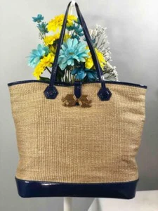 JONATHAN ADLER "Duchess" Straw/ Royal Blue Patent Leather Large Tote Bag - Picture 1 of 10