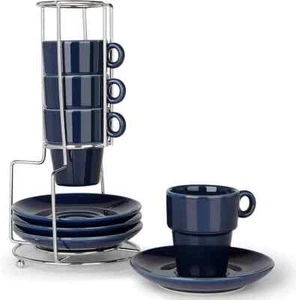 3.3oz Ceramic Blue Espresso Cup and Saucer Set of 8 in Stackable Rack - Picture 1 of 8