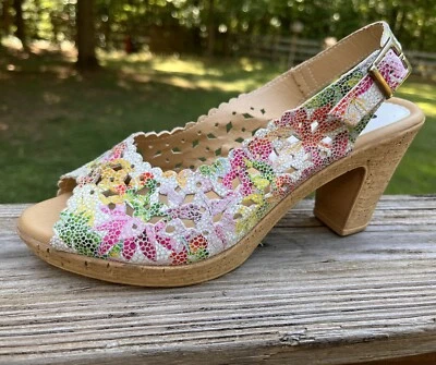 Spring Step Floral Leather Laser Cut Heels Shoes Sling back Open Toe 37 US 6.5 - Image 1 of 4