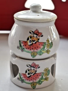 Butter Warmer Server DAISY COW Watermelon Skirt 3pc VTG Farmhouse Stoneware - Picture 1 of 7