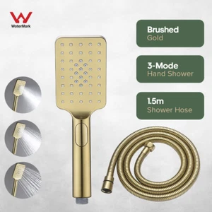 Brushed Gold Hand Held Shower Head 3-Mode Sqaure and 1.5m Flexible Hose Bathroom - Picture 1 of 6