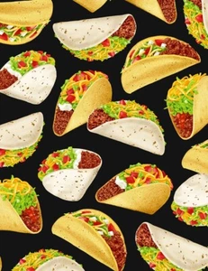 Food Fabric - Taco Toss on Black - Timeless Treasures YARD - Picture 1 of 1