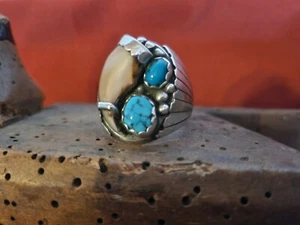 Navajo Ring Sterlinsilber mit 2 Türkisen und Kralle/Horn HERREN - Bild 1 von 9