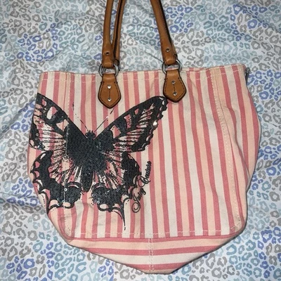 Bolso de Mano Vintage Rosa Juicy Couture Bolso de Mano Rayas Mariposa Y2K Foto 1 de 4