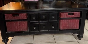 Wooden Dark Brown Concealment Center Table With 4 Drawers And 4 Basket Drawers - Picture 1 of 11