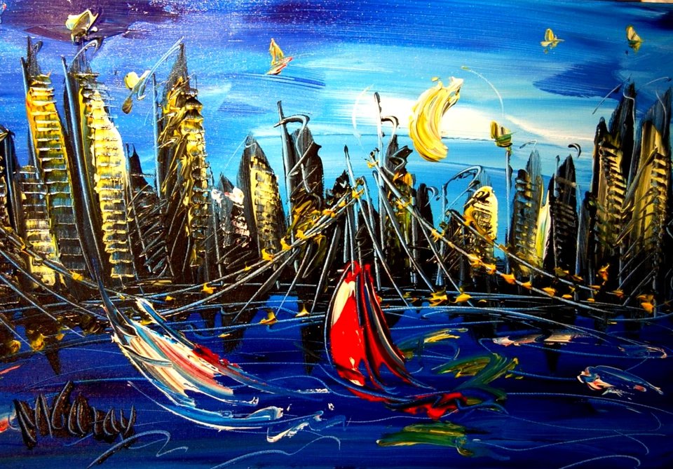 RED BOAT█ IMPRESSIONISM █PAINTING█MODER​N█ORIGINAL█CANVAS█ART█uniE5g - Image 1 of 1