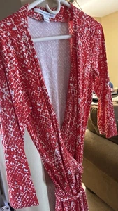 Gr. 6 DVF Diane von Furstenberg JEANNE tiefrot weiß Wickelkleid Designer - Bild 1 von 5