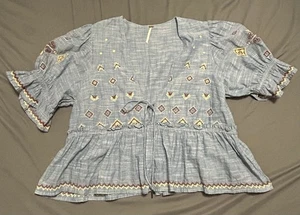 Free People Bluse Top Gr. Large blau Tallulah bestickt Boho Baumwolle tief V - Bild 1 von 6