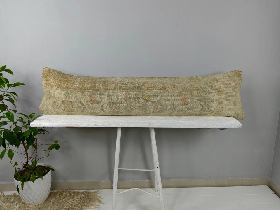 12x48 Decorative Kilim Lumbar Pillow - Long Turkish Neutral Bolster Cushion - Image 1 of 4