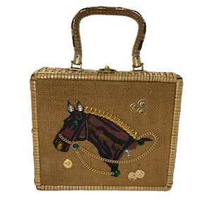 1960s Horse Straw Purse 7 Paico Hong Kong Jeweled Woven Burlap - Picture 1 of 10