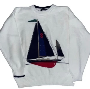 Vintage GANT Hand Intarsia Sailboat Graphic Cotton Pullover Sweater XL White EUC - Picture 1 of 7
