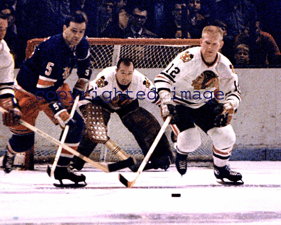Glenn Hall 1957-67 Chicago Blackhawks Salón de la fama 1975 Pat Stapleton Color 8x10 B Foto 1 de 1