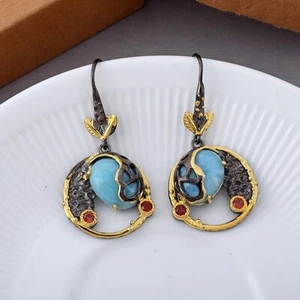 Larimar Silver 925 Gemstone Earrings Dangle Women Sterling Natural Earring - Picture 1 of 5