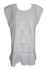 ETHNIC INDIAN COTTON TUNIC TOP PAISLEY EMBROIDERED CAP SLEEVES WOMEN'S BLOUSE L 