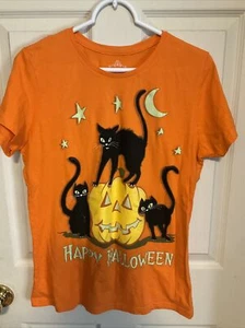 Happy Halloween youth XL orange T-shirt with jack-o’-lantern and cats - Picture 1 of 4