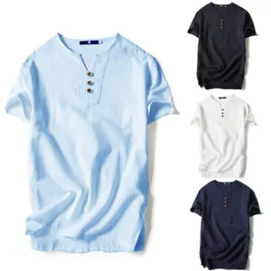 Mens T-Shirt Short Sleeve Summer Casual Loose Grandad Shirts Plain Henley Neck - Picture 1 of 22