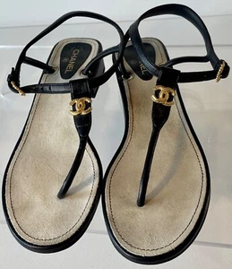 CHANEL Gold CC Metal Logo Thong T Jewel Ankle Strap Sandal 38 7.5 Black Leather - Picture 1 of 13