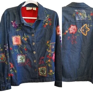 Vintage 90s Blue Lightweight Denim Shirt Jacket Floral Embroidered Petite Large - Picture 1 of 9