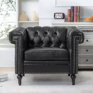 Modern PU Leather Upholstered Accent Arm Chair Single Sofa Wooden Legs Black - Picture 1 of 9