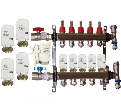 5 Loop Radiant PEX Plumbing Manifold - 1" 304 Stainless Steel & 4 Wire Actuator - Image 1 of 4