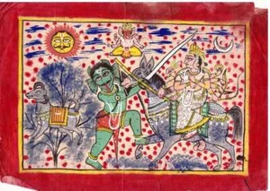 INDIAN MINIATURE PAINTING DEVI FIGHTING DEMON TANTRA STYLE ORIGINAL FOLK ART - Picture 1 of 2