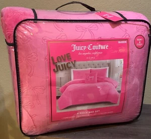 Juicy Couture Pink Coquette Bows Embossed Plush 4p QUEEN Comforter Set Soft&Cozy - Picture 1 of 6
