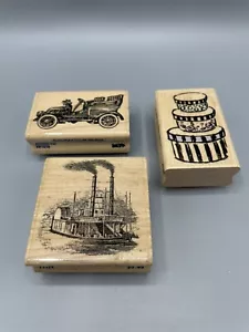 Set 3 Stampabilities Rubber Stamps Wood Mounted River Boat Old Car Hat Box Stack - Picture 1 of 8