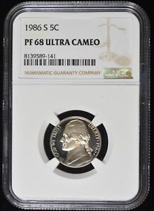 1986-S PR PF 68 Ultra Cameo NGC U.S / United States 5c Jefferson Nickel