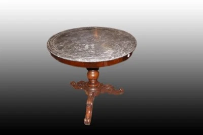 Tavolino circolare francese con piano in marmo stile Carlo X del 1800 in mogano - Immagine 1 di 4